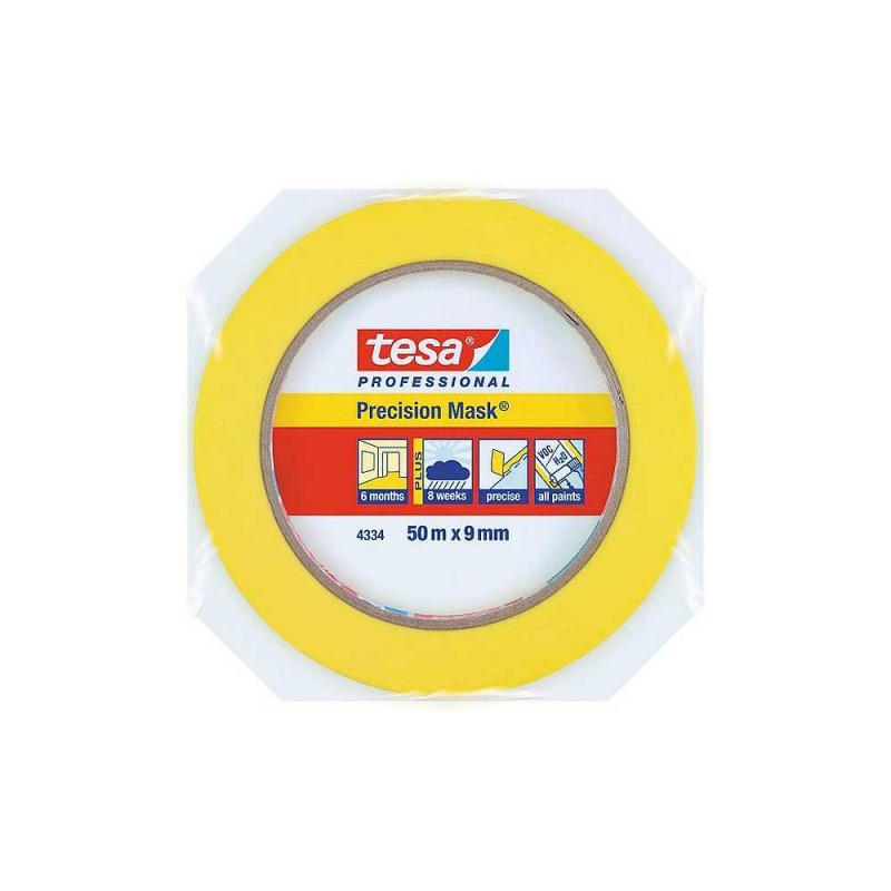 Nastro Adesivo Per Mascheratura Tesa Precision 4334 PLUS - Confezione Da 6 Rotoli, Giallo, 50m X 25mm, Per Verniciature Professionali
