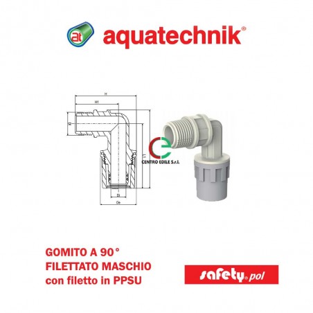 Gomito a 90° filettato maschio Safety-Pol con filetto in PPSU di Aquatechnik